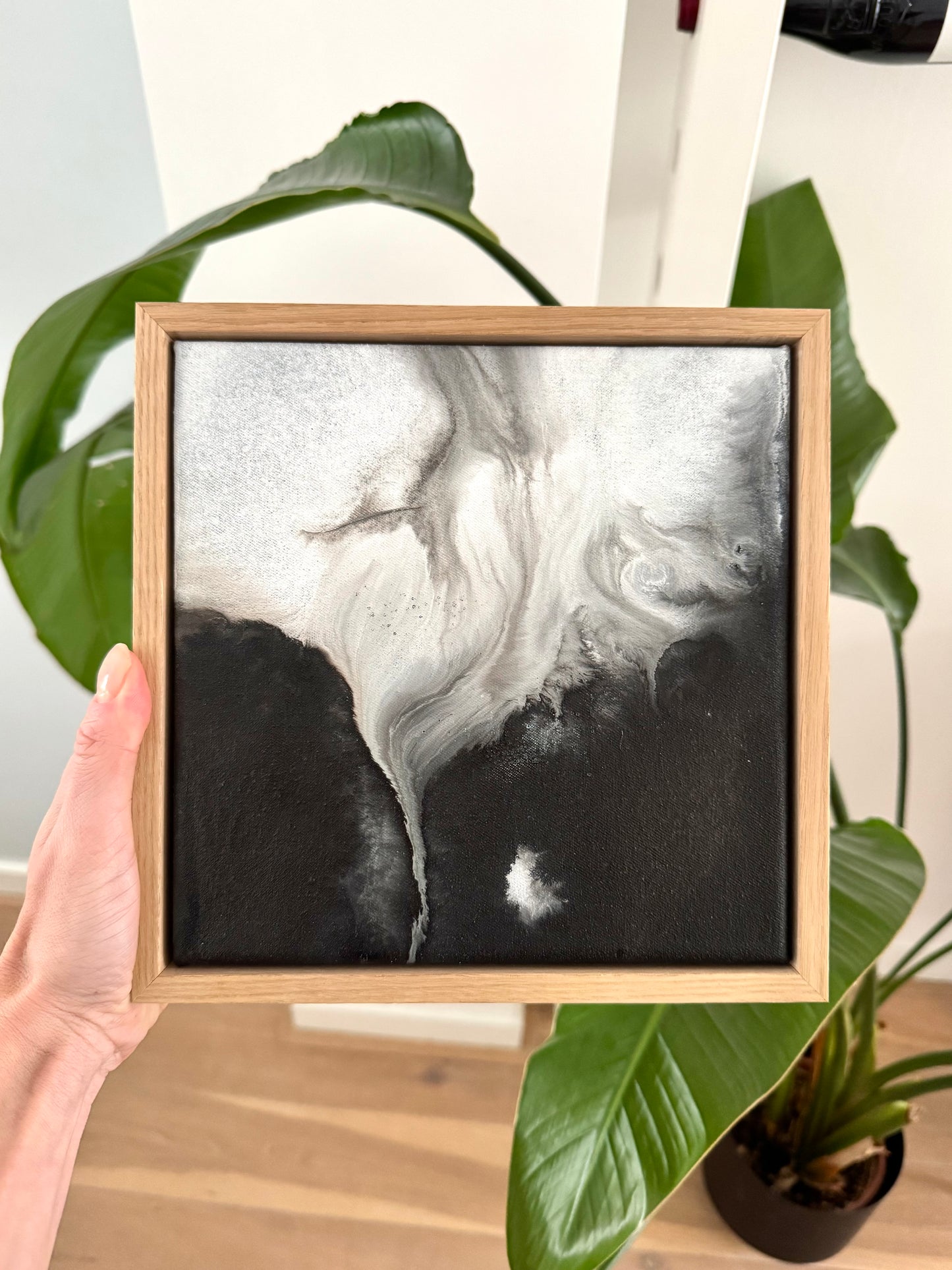 "Fractions III", 20 x 20, framed in oak